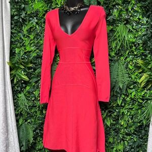 BCBGMAXAZRIA Dress Small Red Bandage Long Sleeve V-Neck A-Line Cocktail  3838